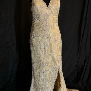 Elegant Cream Embellished Evening Gown
